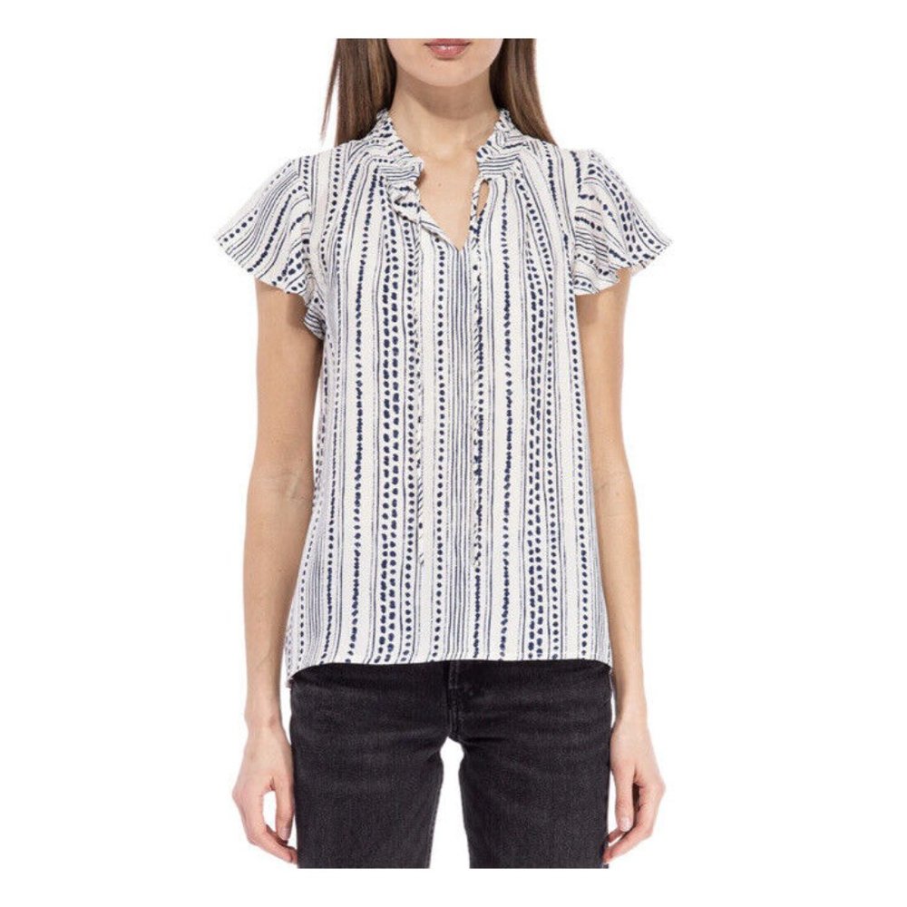 BOBEAU Andi Tie-Neck Flutter-Sleeve Top Ivory/ Navy Size XS